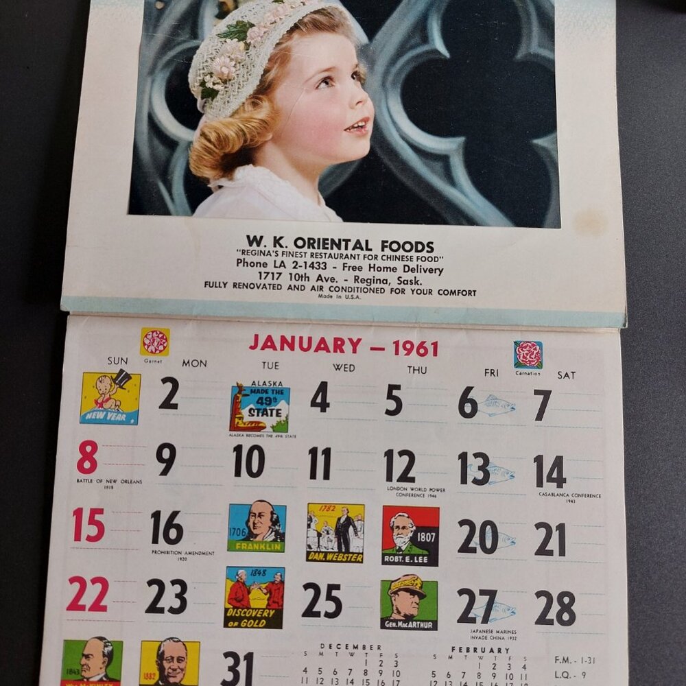 vintage 1961 bar calendar from WK Oriental Foods in Regina - Picture 1 of 16